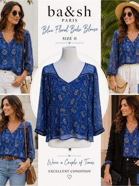 ba&sh Blue Floral Sheer Boho Blouse Size 0 Metallic Stripe Top